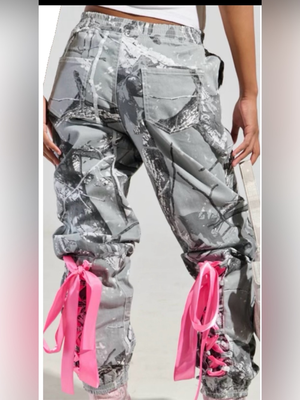 AKIRA Gray Camo Cargo Pants with Pink Ribbon Lacing